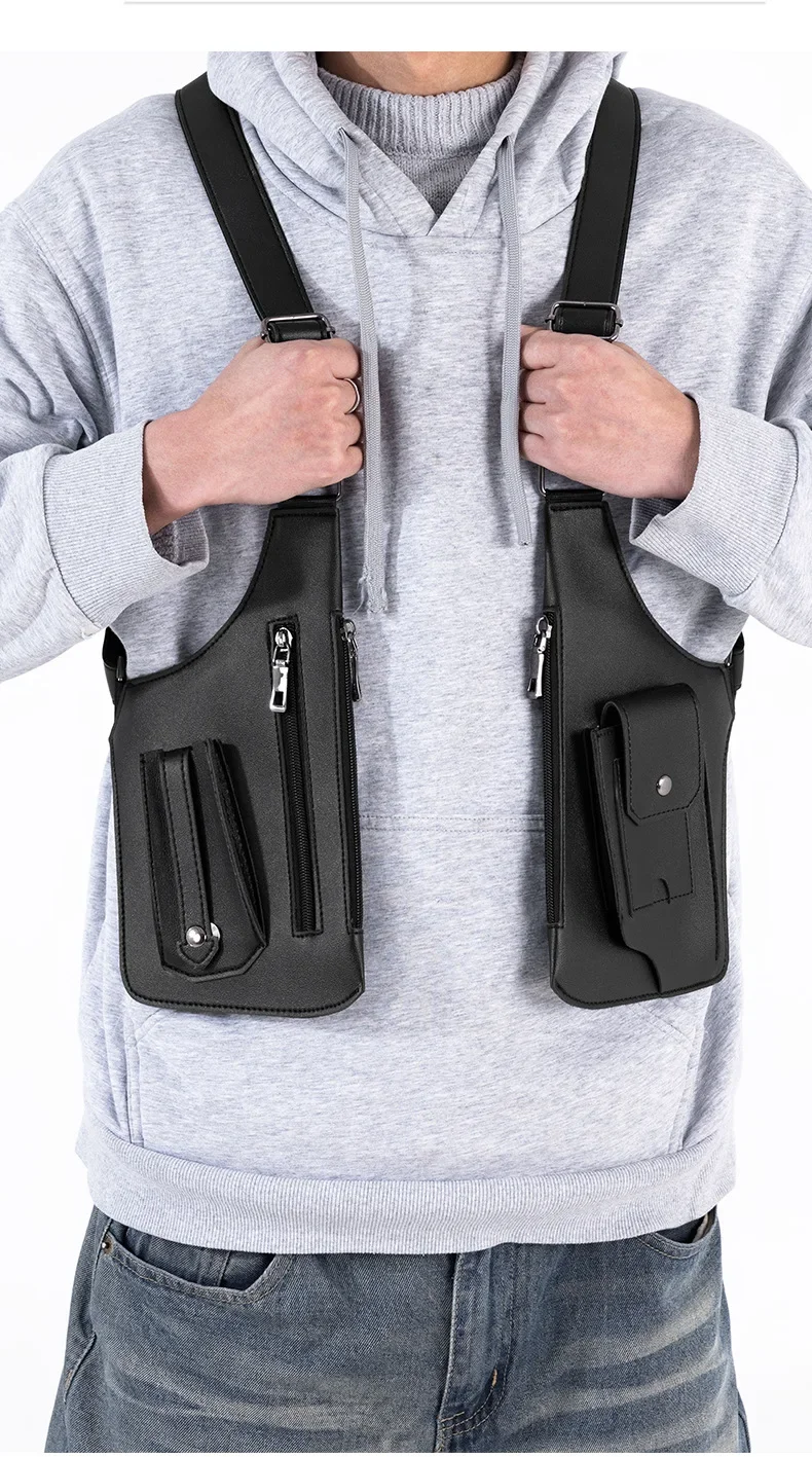 Luxury Design Men's Tactical Vest Bag High Quality PU Leather Man Chest bags Phone Pouch Vintage Design Underarm Back Pack Bags