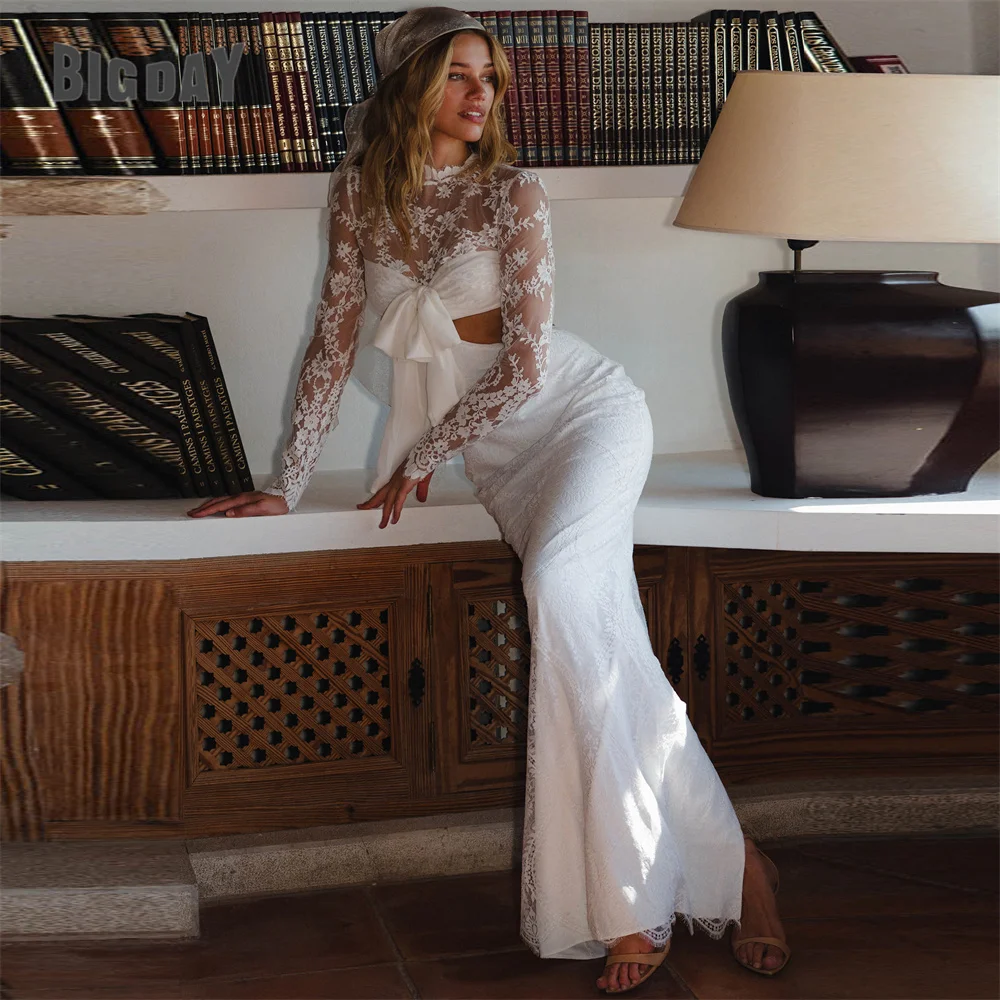 

BIGDAY Long Sleeve Lace Sheath Wedding Dress 2025 High Collar Illusion Back Split Bow Bridal Gown Vestido De Noiva Customized