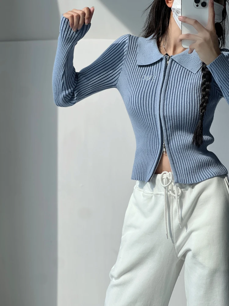 

Облегающий американский вязаный свитер BM Sle в стиле ретро синего цвета с длинной полоской, женский топ ort-длина с двойной молнией Ne Top