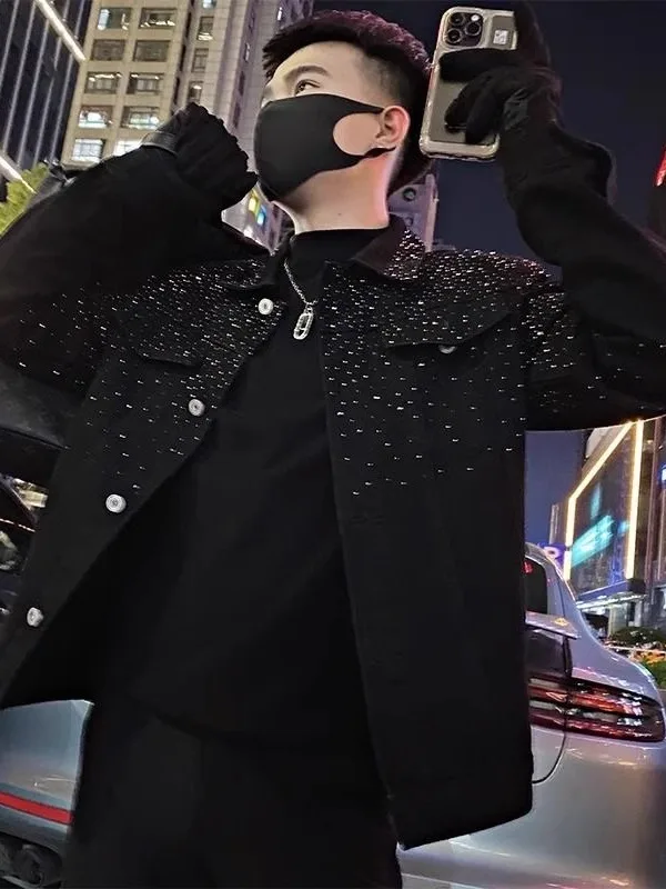 

Faionable Casual Men's Jaet with Rhinestones Autumn Winter New Sle Cool Brand Leisure Sli Workwear Coat Trendy