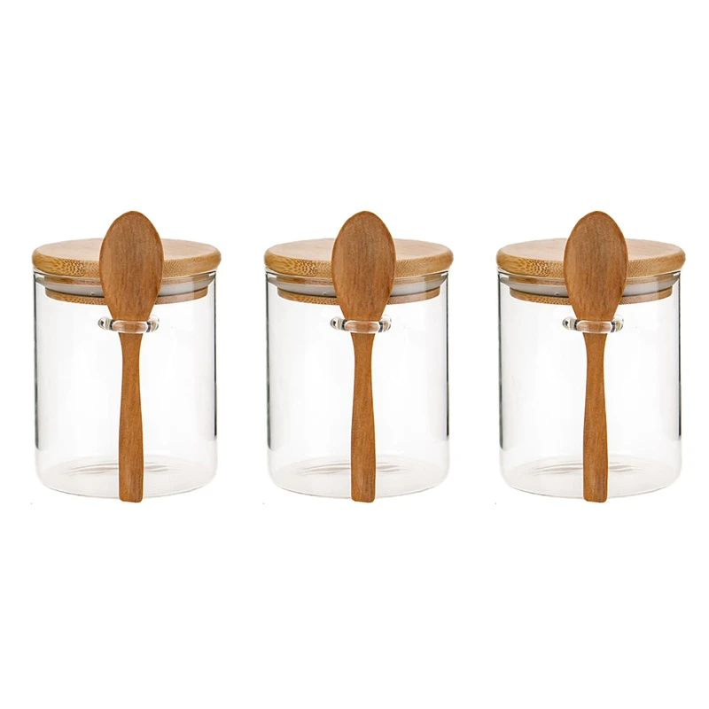 

3X Glass Food Airtight Canister Castor Wooden Twist Lid Kitchen Candy Storage Tank Jar Food Container With Wooden Spoon