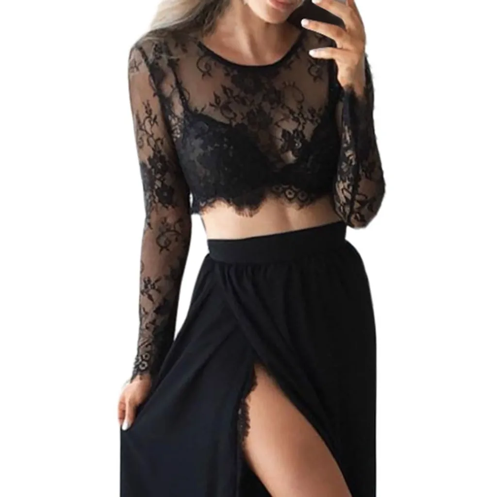 Elegant Lace Blouse For Women Sexy Slim Cropped Tops Floral Embroidery See-Through Blouses Female Clothes Blusa Feminina