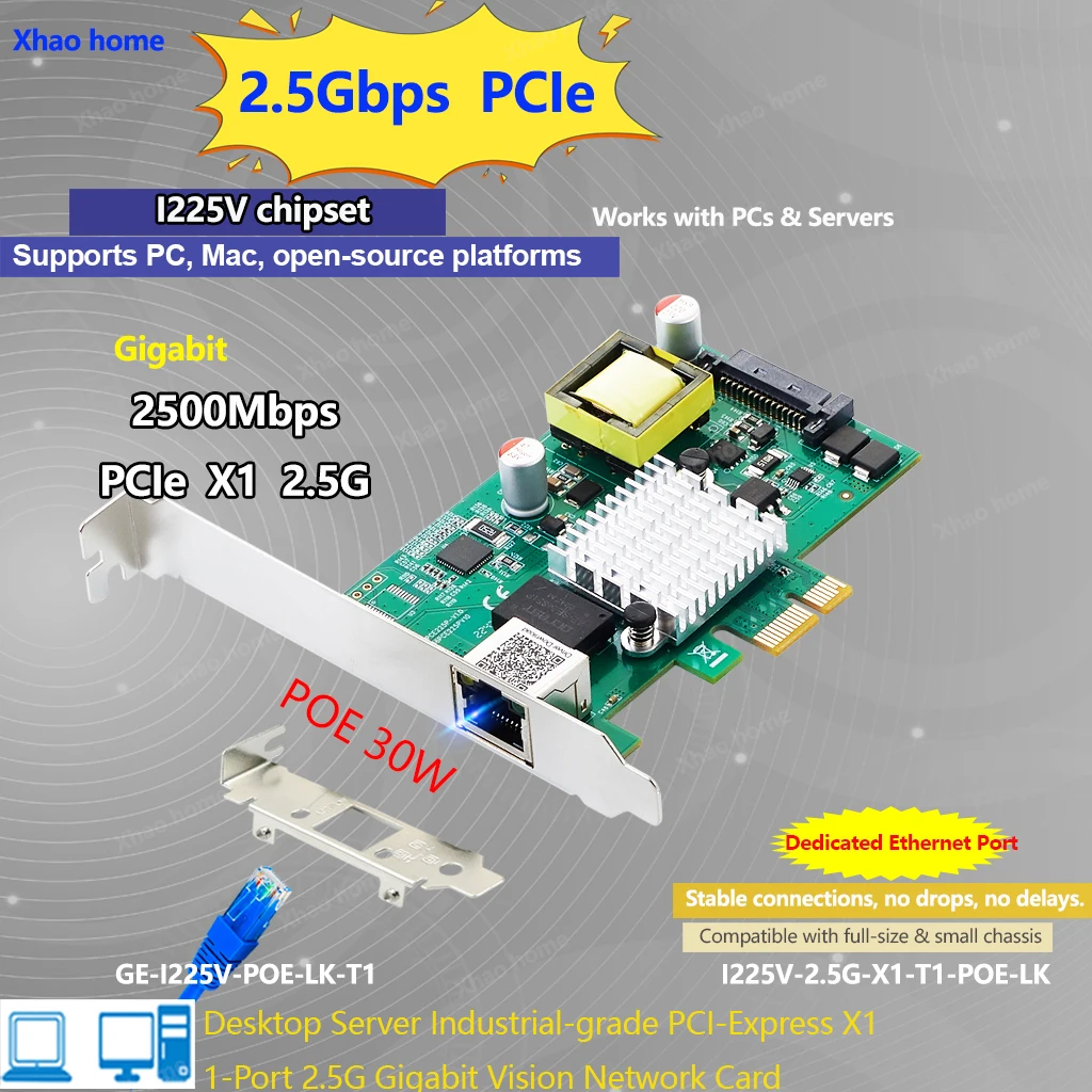 

Гигабитная сетевая карта PCI-E X1 2,5 ГБ для игр/промышленного/судера, чип I225 с поддержкой Ethernet-адаптера POE для Windows/Linux