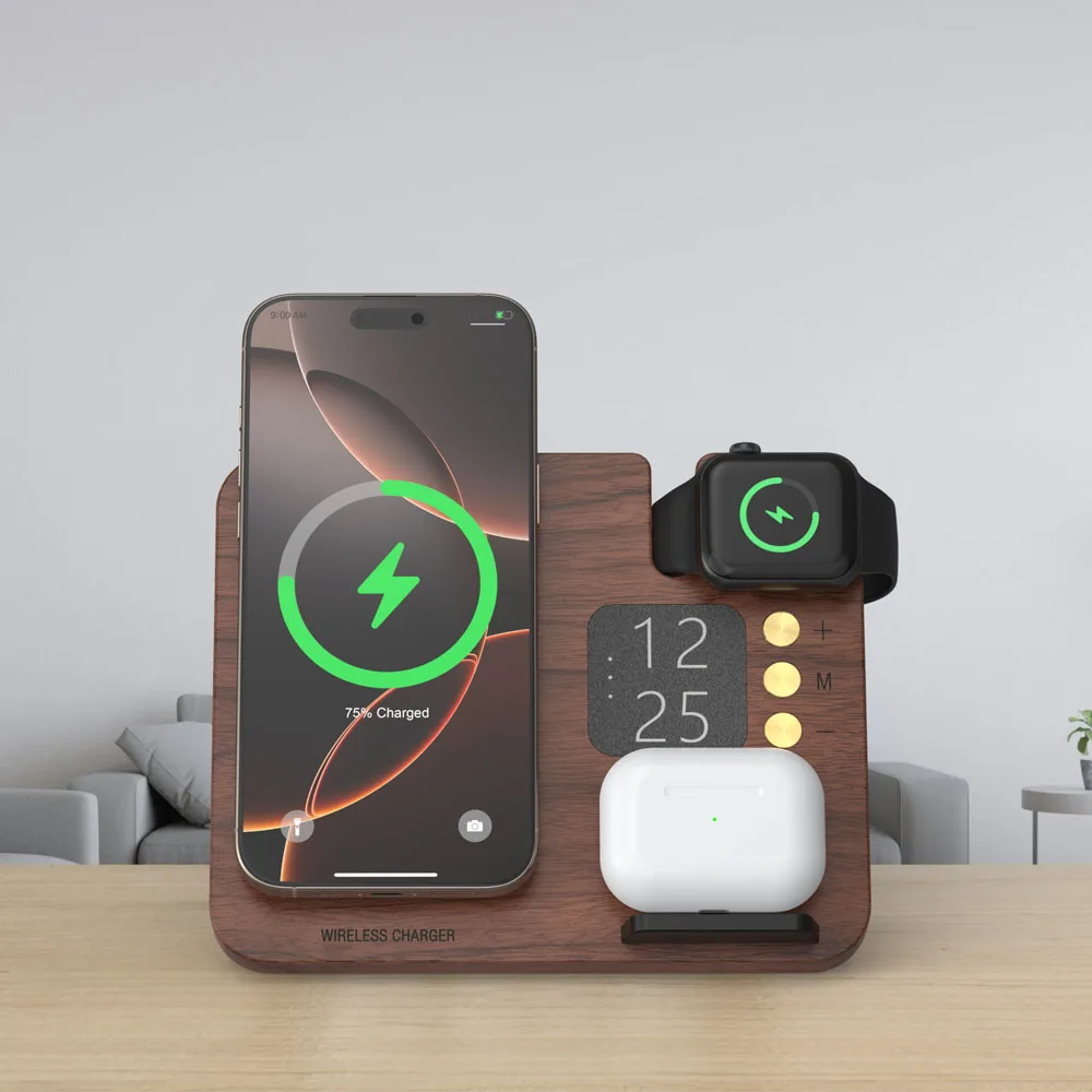2025 New Arrivals Multifunctional Wooden Docking Holder 3 in 1 Magnetic Wireless Charger Station Phone Holder for iPhone