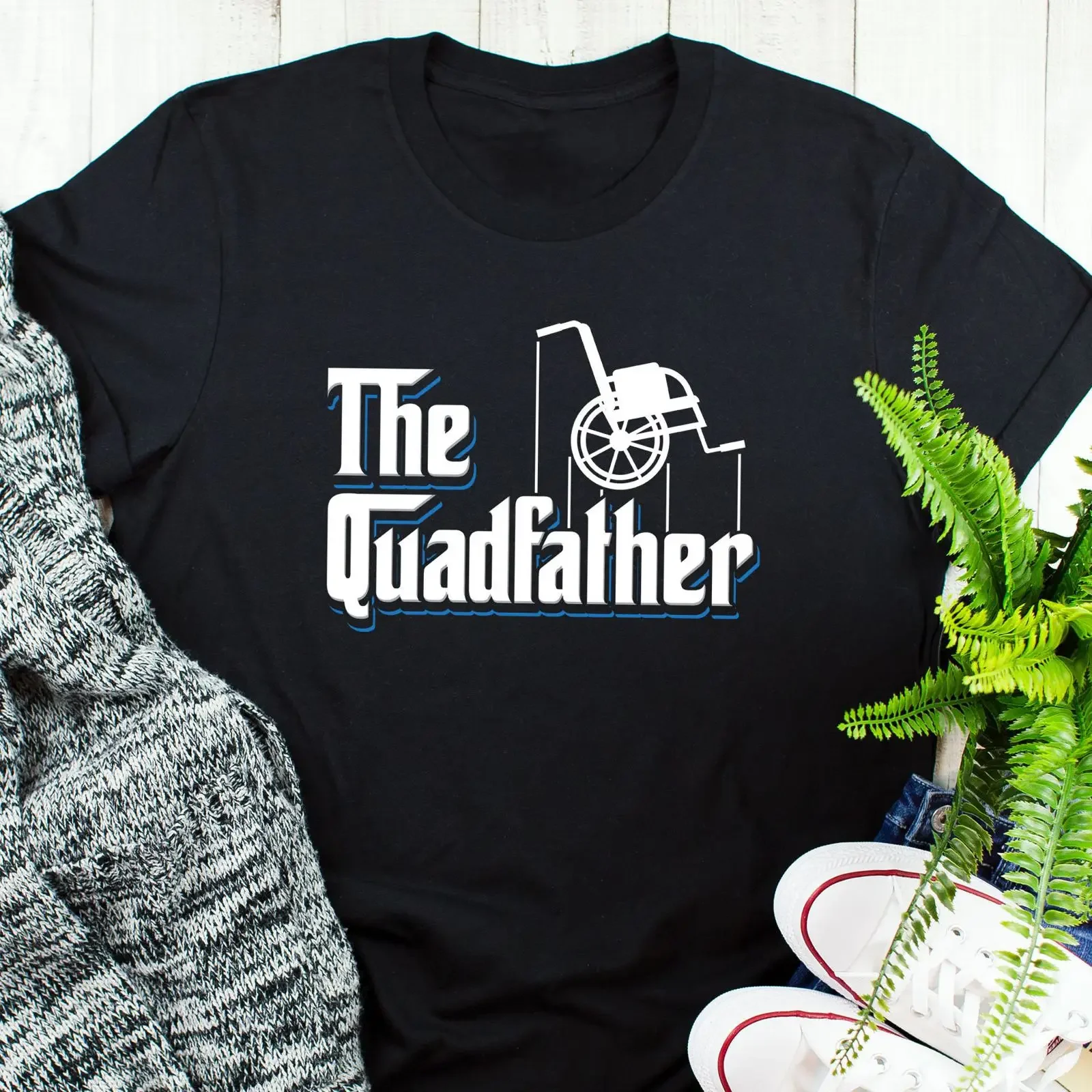 The Quadfather Wheelchair Funny T Shirt Disability Awareness Chronic Illness Spoonie Casual  vintage Washed Stretched