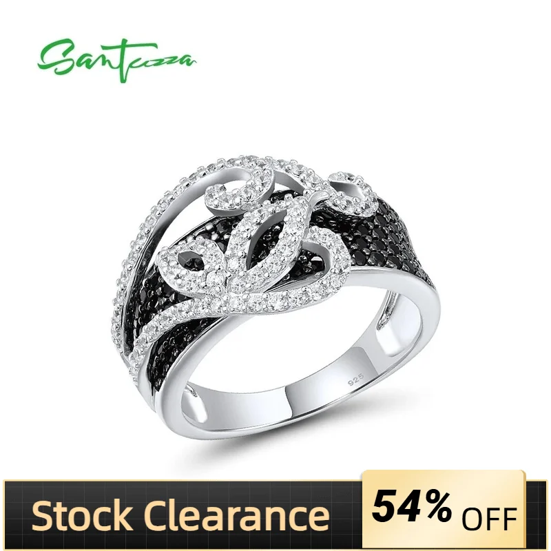 

SANTUZZA Authentic 925 Sterling Silver Rings For Women Sparkling Black Spinel White Cubic Zirconia Concise Trendy Fine Jewelry
