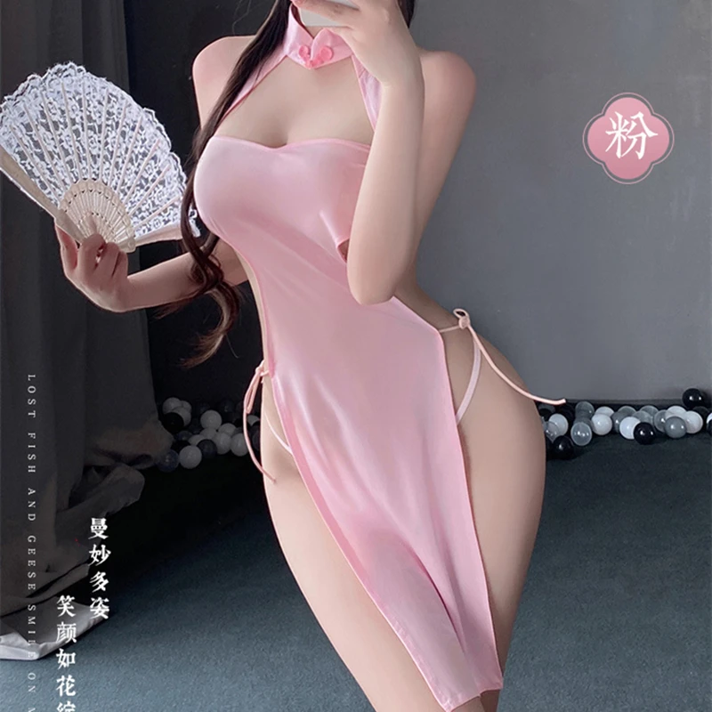 Classical High Slit Cheongsam Dress Ice Silk Traditional Chinese Sexy Improve Qipao Skirt Hollow Out Pajamas Women Exotic Charm