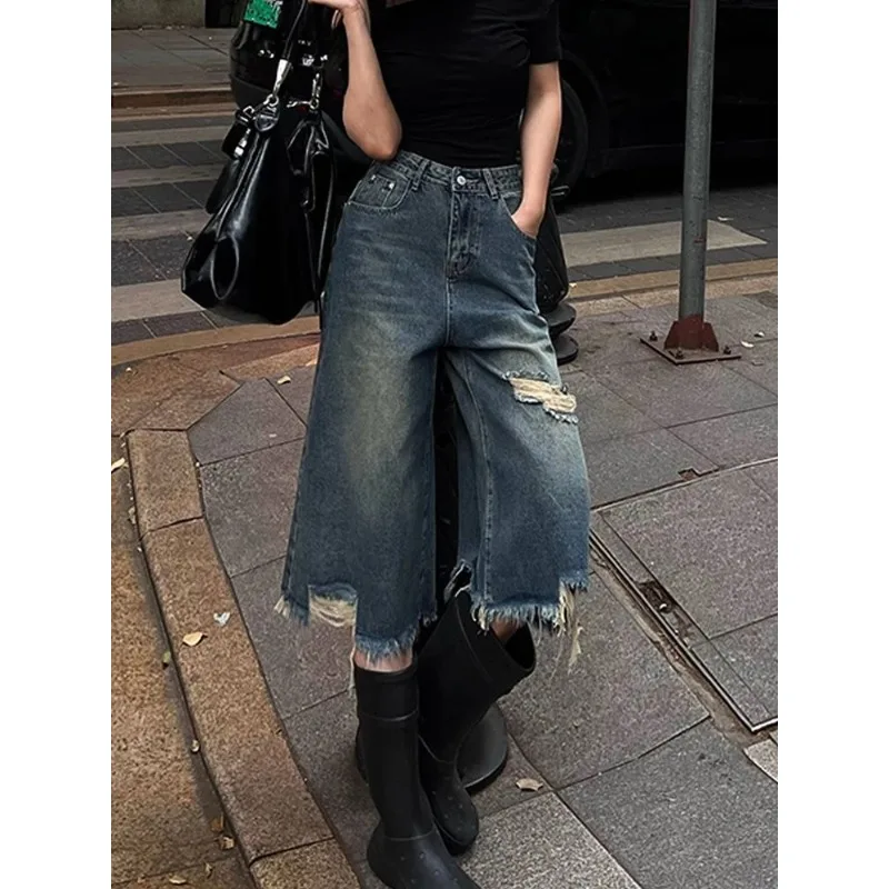 Vintage damesgaten ruwe randen kuitlange jeans hoge taille hiphop baggy rechte meisjesbroek straat wijde pijpen denim broek