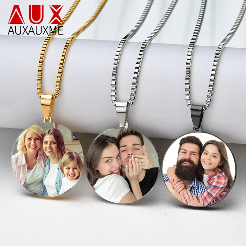 Auxauxme Custom Photo Necklaces Women Men Stainless Steel Personalized Laser Engrave Color Picture Logo Text Pendant Jewelry