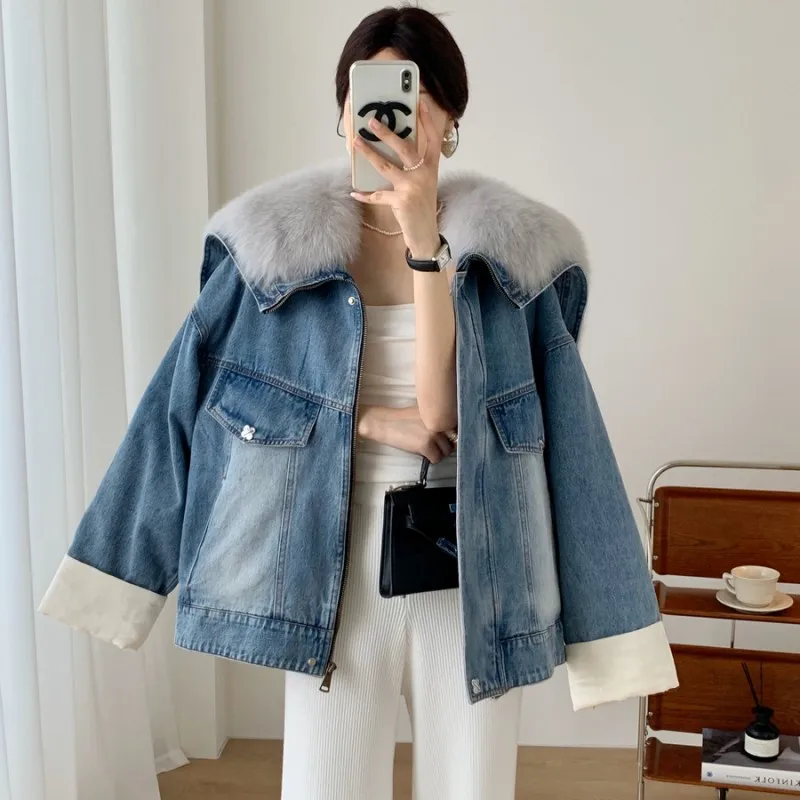 

Fashion Winter Denim Coat Fur Coat For Woman Real Natural Fox Fur Collar Jacker Winter Warm Down Girls' Clothing