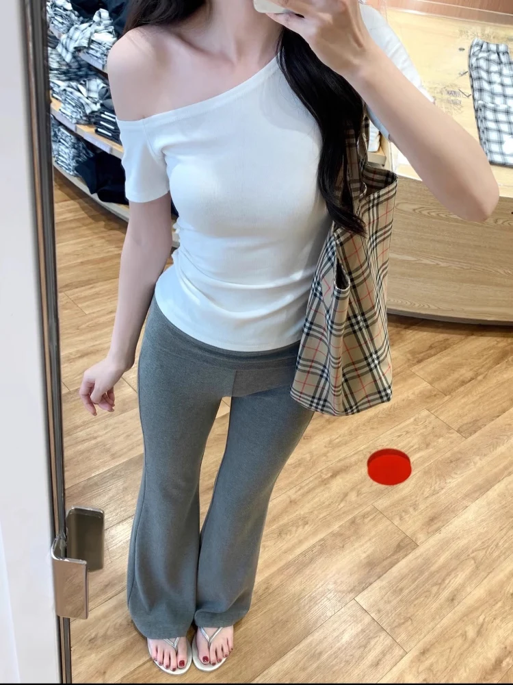 Letnie, cienkie, oddychające spodnie z drapowaniem, z wysokim stanem, szerokie nogawki, spodnie do jogi, długie do ziemi, efekt wyszczuplający, koreańskie, swobodne spodnie.