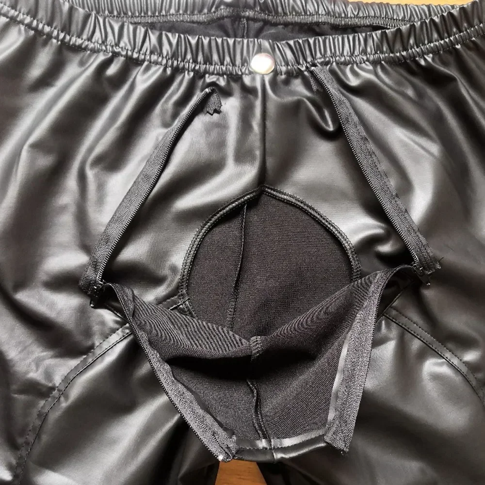 Fashion Men's PU Leather Leggings Wet Look Skinny Open Pouch Pant Trousers Clubwear High Waist Man Pants