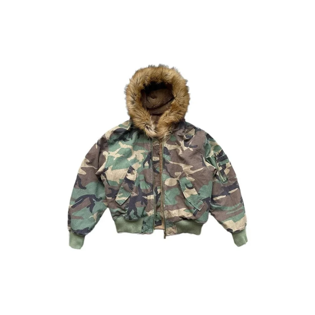 Retro Harajuku Y2K Streetwear Jacket Gothic Punk Personality Fur Collar Camouflage Zipper Hoodie Men Casual Oversized Sweatshirt