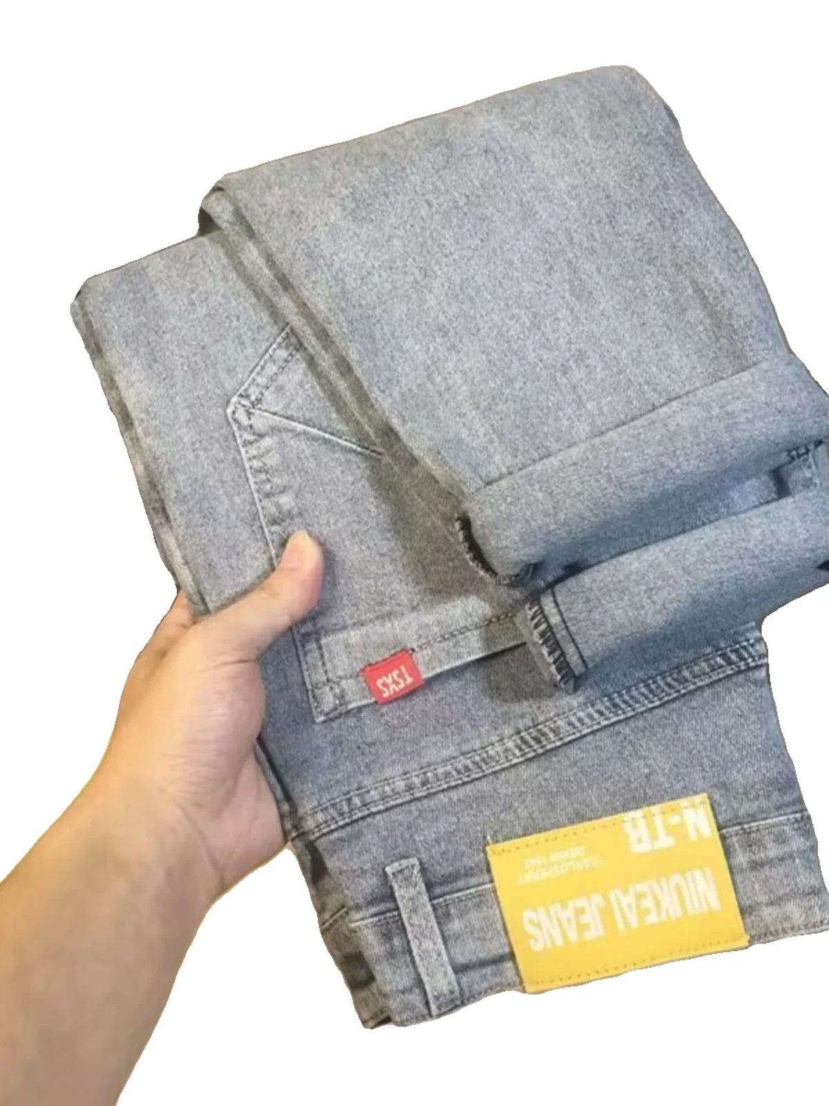 

Slim Fit Men's Jeans Trendy Light Blue Casual Long Pants Spring Autumn New Sle Elastic Cotton Denim mid Waist Zipper Youth