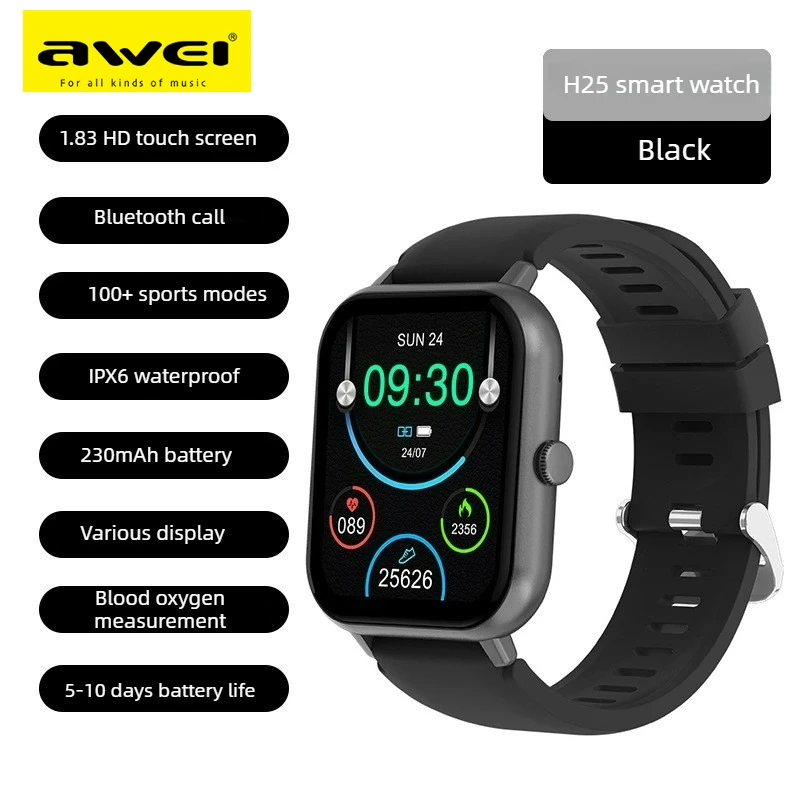 

Умные часы Awei H25 для спорта, водонепроницаемые, IP67, с функцией звонков, мониторингом артериального давления, уровня кислорода и частоты сердечных сокращений, 1.83'' HD-экран.