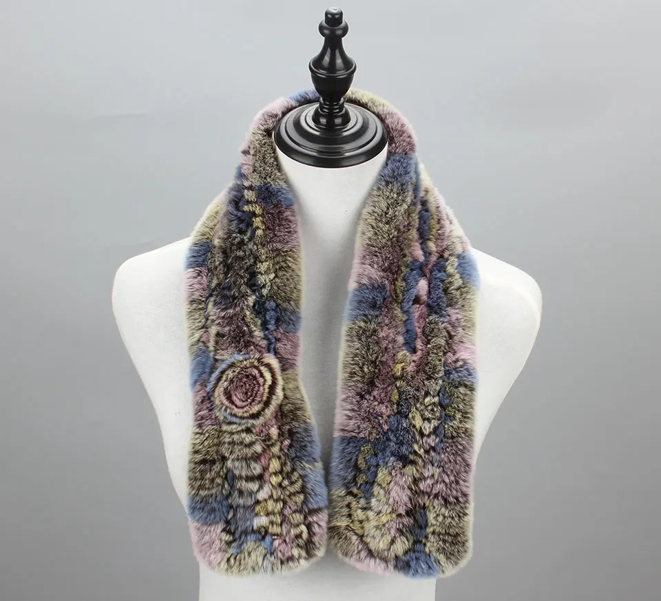 Frauen Stricken Echt Rex Kaninchen Pelz Schal Dame Fashion Floral Rex Kaninchen Pelz Schalldämpfer Heißer Winter Warme Natürliche Pelz Schals neue Stil – Detail 8