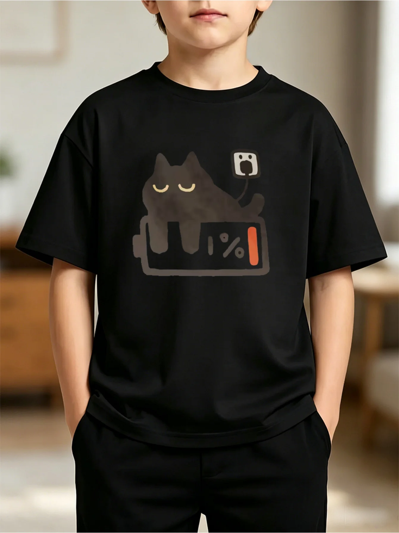 Children T Shirt Lovely 1% Battery Sleeping Black Cat Plug Socket Cartoon Print Short Sleeve Soft Cotton Kids Daily Outfit