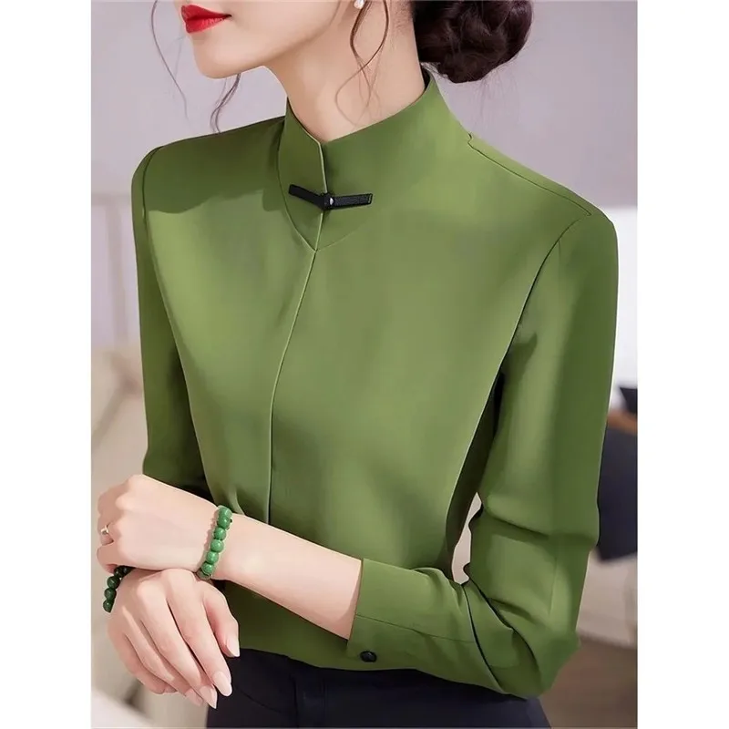 

Ln весна 2025 г., женские модные красивые новые китайские женские зеленые женские короткие рубашки на пуговицах в национальном стиле, топы