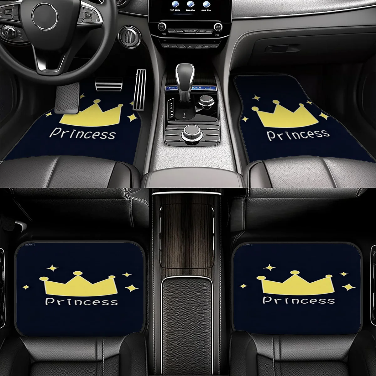 4pcs Car Foot Mat Set | Universal Sedan/Suv/Truck Floor Mats | Deep Blue Base With Golden Crown 