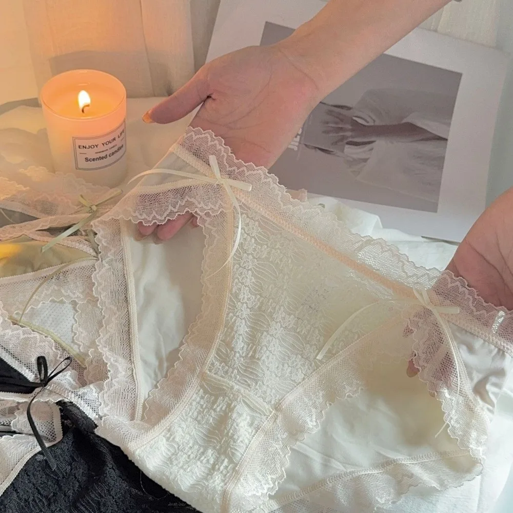 

Sweet Low Waist Lace Panties Bow Ice Silk Underwear for Women Lingerie Seamless Underwear Comfortable