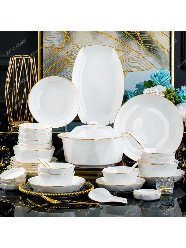 Gold Painting Misty Blue Diamond Bone China Tableware Suit Ceramic Tableware Diamond Bowl Dish Plate High-End Gift