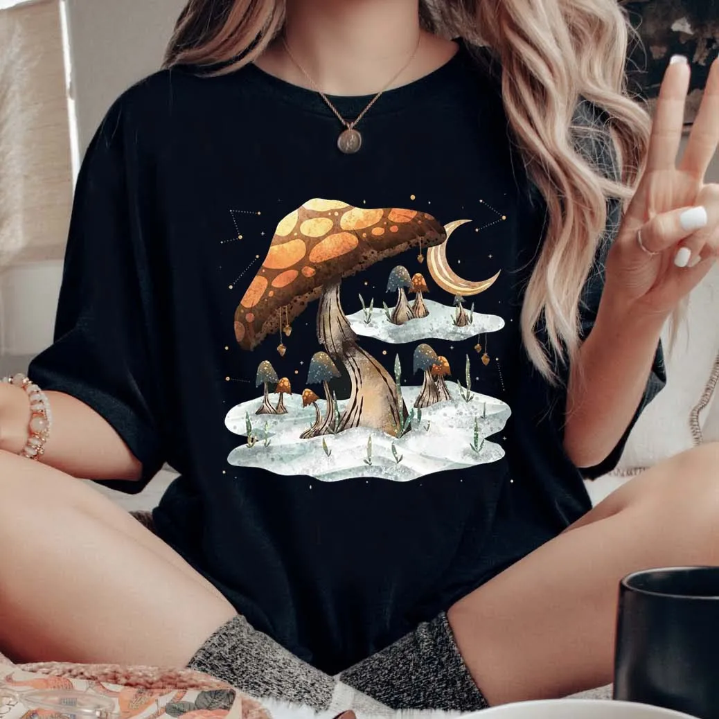 Fashion T-Shirt Short Sleeved Mushroom Pattern T-Shirt Women\'s Watercolor Style 90s Clothing Printed Top Women\'s Clothing T-Shir