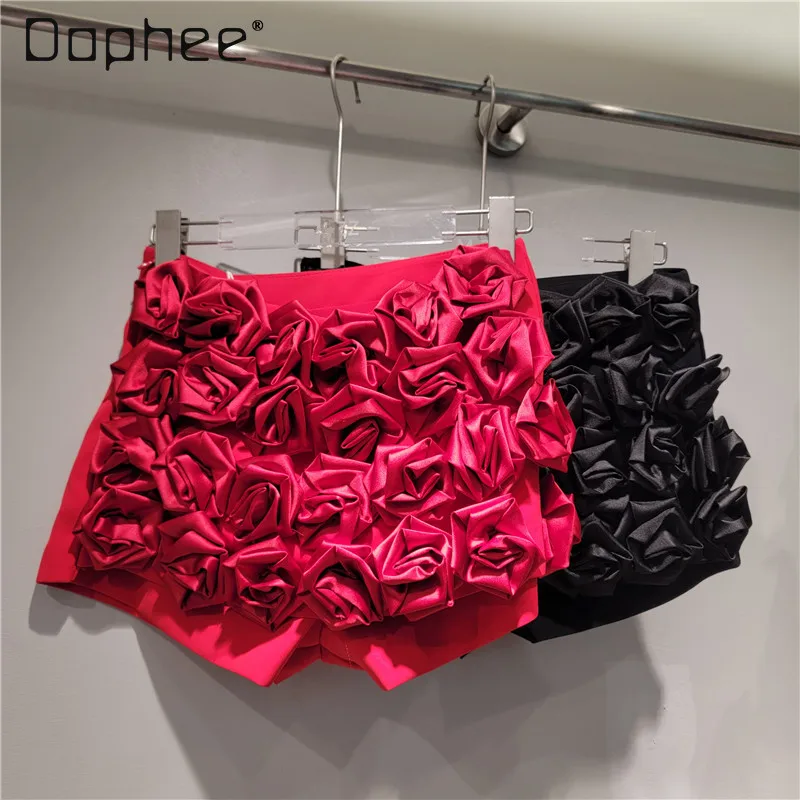 Luxury Hot Girl Three-Dimensional Rose Flower Culottes 2024 Summer New French Advanced Low Waist Mini Shorts Feminino Trendy