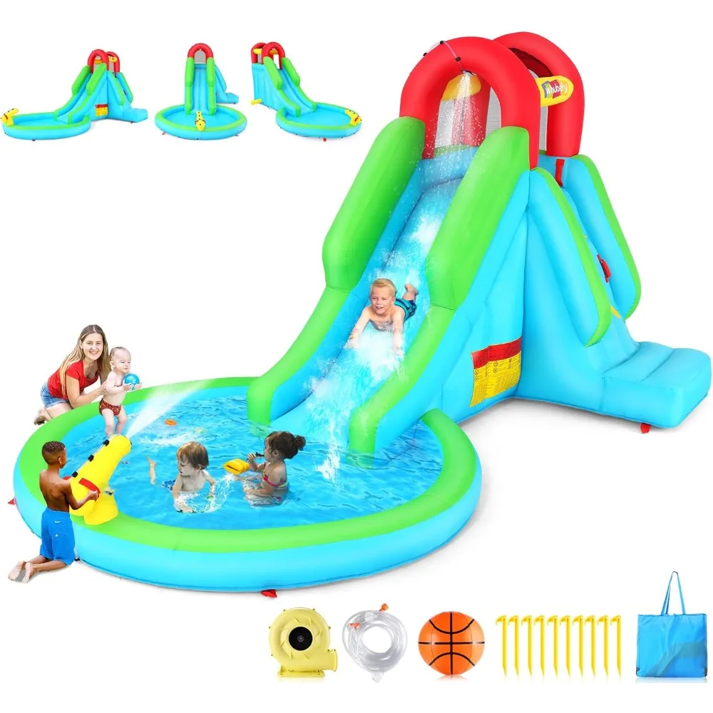

Water Slide Bounce House for Kids, 12-in-1 Inflatable Water Park with Catch Ball Set/Toss Rings/Water Soaker Balls/Water Gun