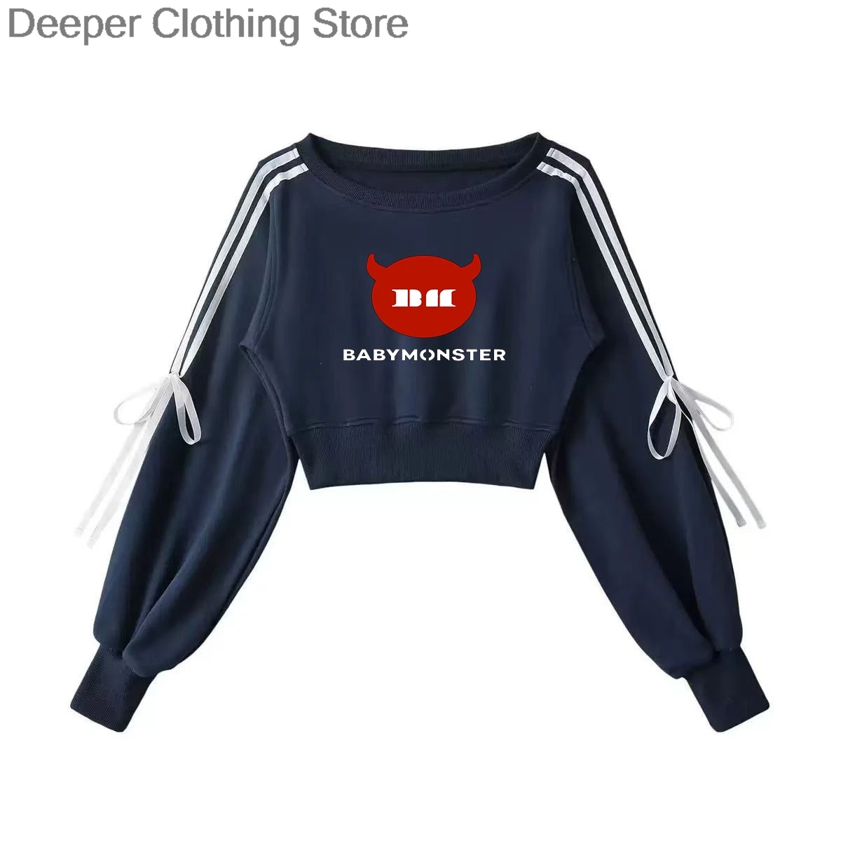 سترة Babymonster HELLO MONSTERS بغطاء للرأس مخططة أمريكية 100% قطن بكتف واحد سترة نسائية للحفلات الموسيقية بنفس النمط ملابس y2k