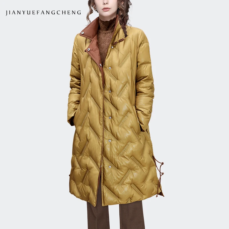 Winter Women Knee-length Long Down Jacket Embroidered Warm Thickened Windproof Trench Coat Loose-fitting Duck Down Winter Parkas