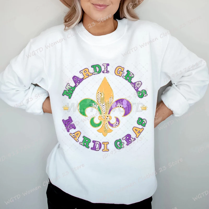 Cute Mardi Gras Print Hoodless Sweatshirt Women Fashion Pullover Casual Long-sleeved Loose Sweatshirt Fall/Winter Pullovers Tops