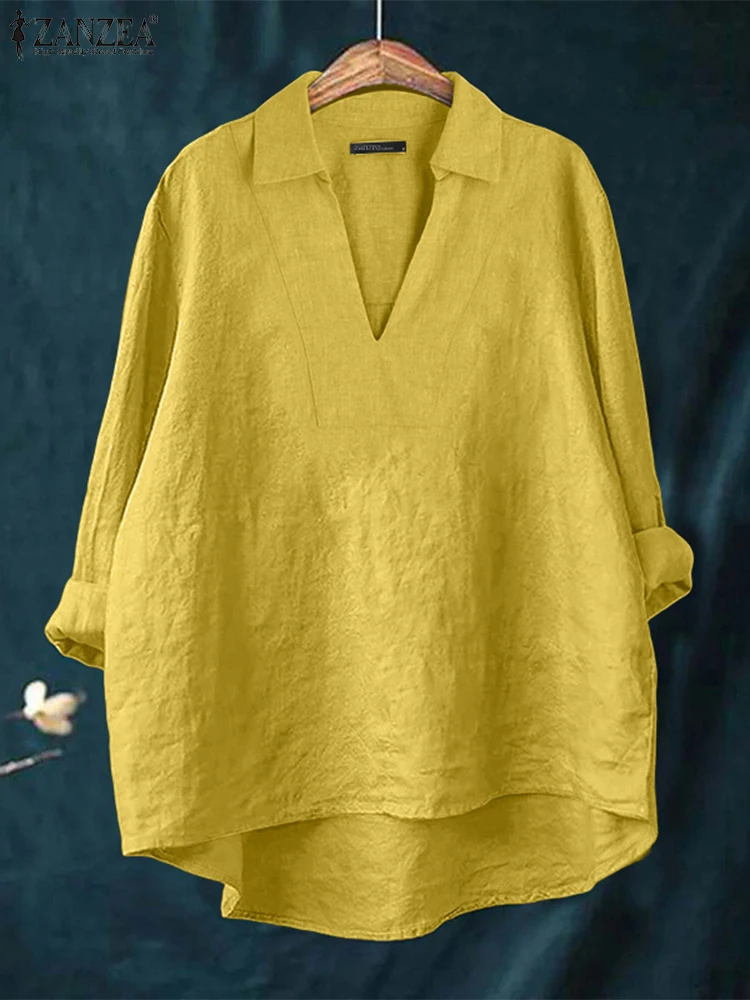 ZANZEA 2025 Jesień Damskie Bluzki High-Low Luźny Dekolt w Serek Długi Rękaw Bawełna Len Modne Bluzki Damskie Codzienne Casualowe Gładkie Topy