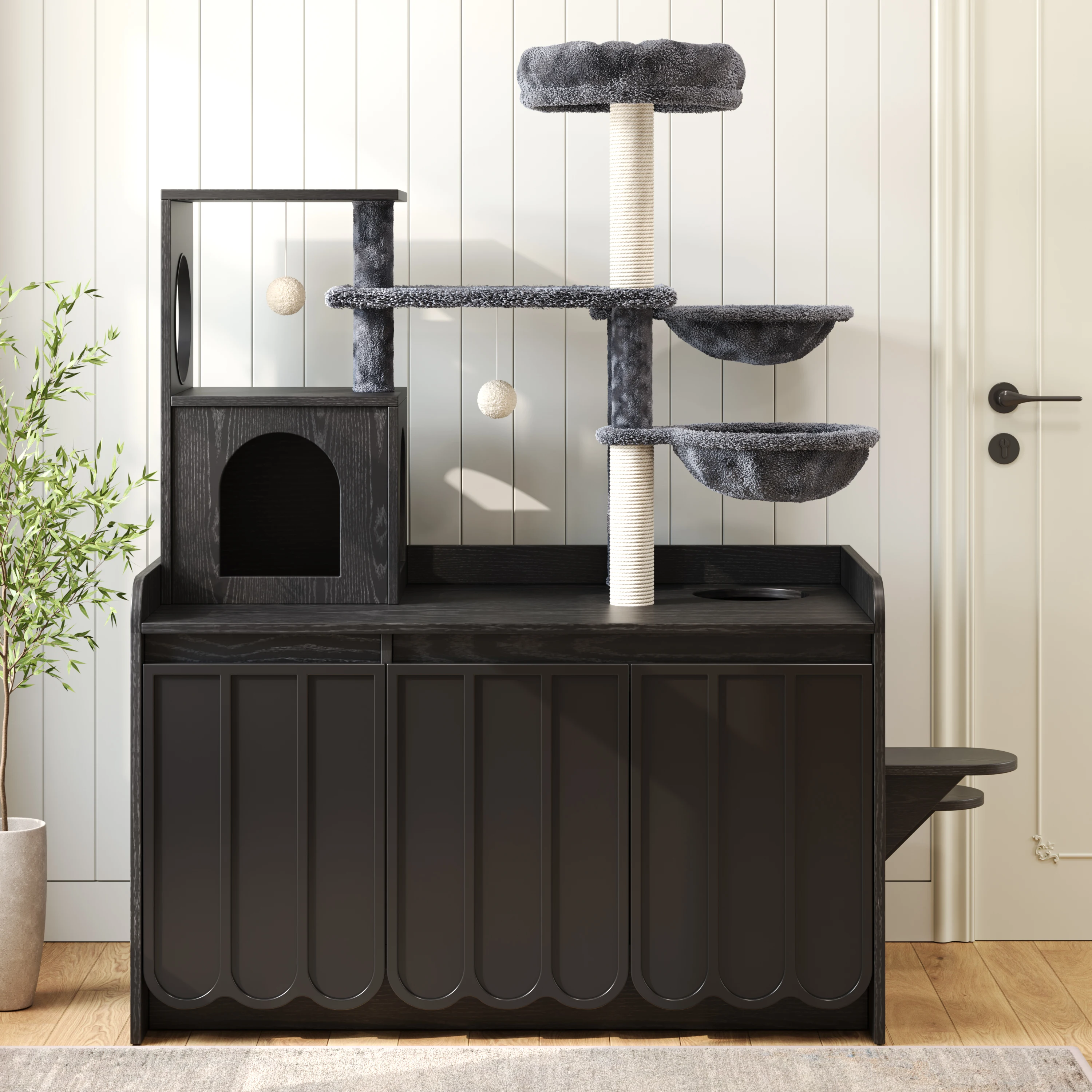 Cat Tree with Litter Box Enclosure, All-in-One Modern Cat Tower with Storage Space, Sisal Post, Hammock & Perch for Indoor Cats