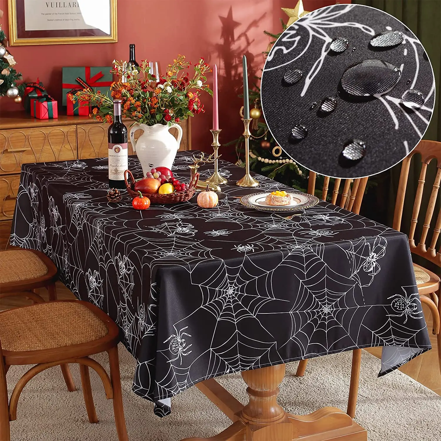 

Halloween Black Spider Web Rectangle Tablecloths Holiday Party Decorations Reusable Waterproof Table Covers Dining Tables Decor