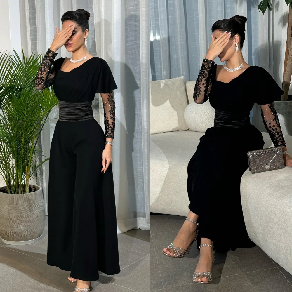 

Ball Mesprit Fashion High Quality Square A-line Evening Dresses Velour Paillette Lace Anke Length Custom Dress Saudi Arabia