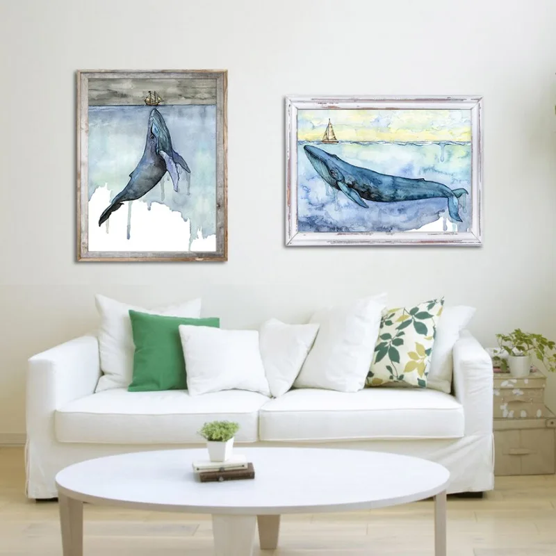 Watercolor Whale and Boat Canvas Painting Whale Shark Humpback Whale Sea Animals Poster Prints Wall Pictures for Room Home Decor