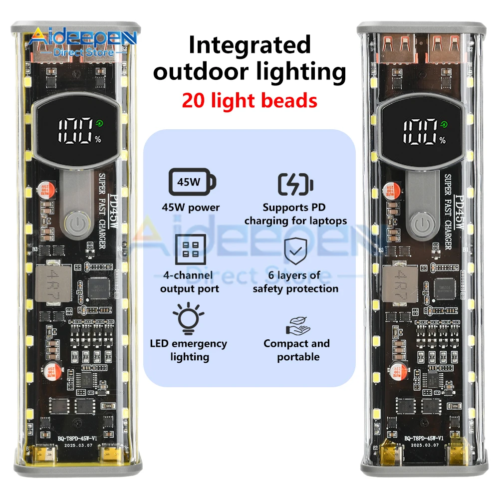 PD45W 8X 18650 USB Type-C بطارية شاحن سريع لتقوم بها بنفسك صندوق بنك الطاقة للهاتف شحن إلكتروني لا يشمل البطاريات