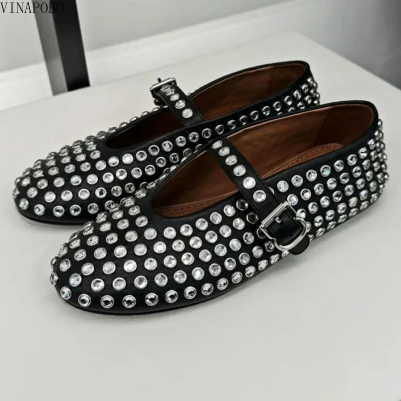 Rhinestone Flat Mary Jane Shoes Luxury Designer Mule Shoes Pumps Women Black Fashion Casual Round Head Rivet Flat Shoes Women