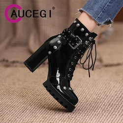 Aucegi Women's Goth Motorcycle Block High Heel Ankle Boots Lace Up Zipper Round Toe Platform New Style Rivet Banquet Shoes