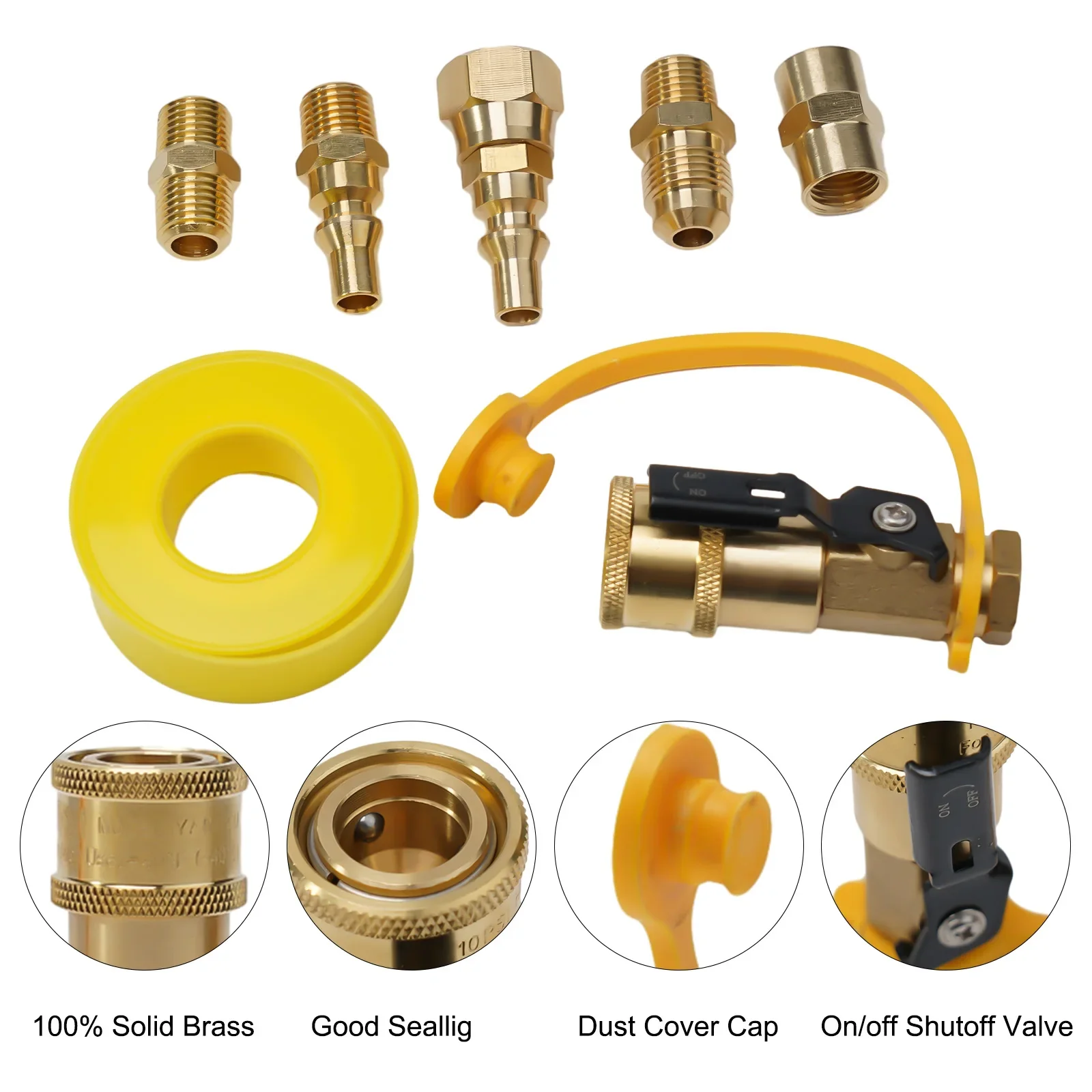 7 Piece RV Propane Quick Connect Adapter Kit Brass Construction Convenient Shut off Valve Wide Range of Applications