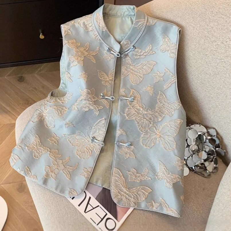 2026 New Chinese Vest Sleeveless Vest Coat Blue Butterfly Embroidered Vest