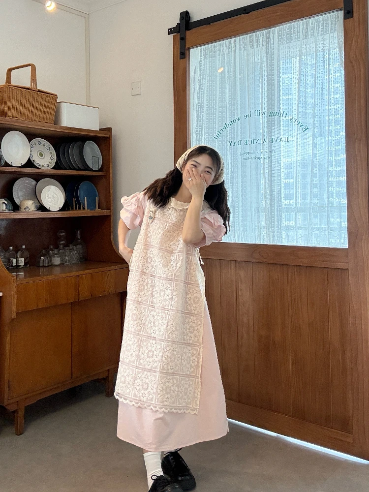 ชุดเซ็ตสองชิ้นสำหรับผู้หญิงไซส์ใหญ่ คอเสื้อแต่งลูกไม้ สไตล์เกาหลี แขนยาว กระโปรงทรงเอ ความยาวปานกลาง ชุดฤดูร้อน