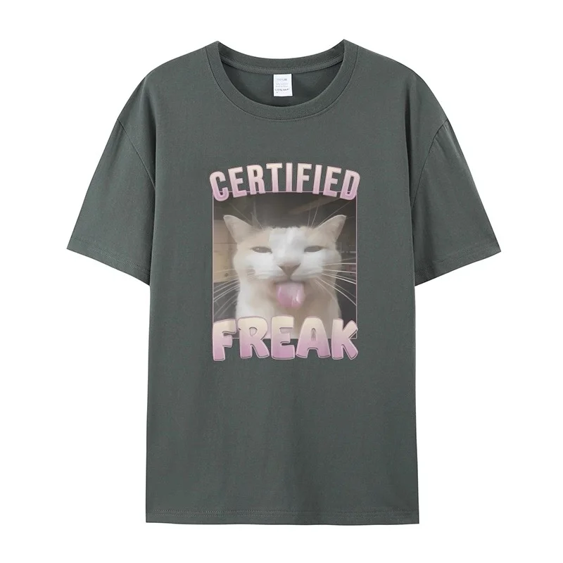 ZAZOMDE Soft Cotton Daily Short Sleeve Tee Funny Cat Meme Graphic Certified Freak Letter Print Unisex Breathable O Neck Tshirt