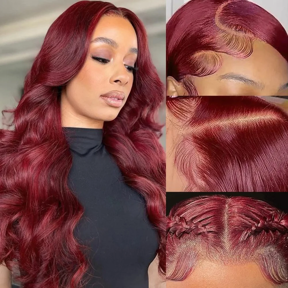 Perruque Body Wave Brésilienne Naturelle, Cheveux Humains, Couleur Bordeaux 99J, Couleur Vin Rouge, Ultraviolette, HD 13x6, 13x4, 30/34 Pouces, Densité 200