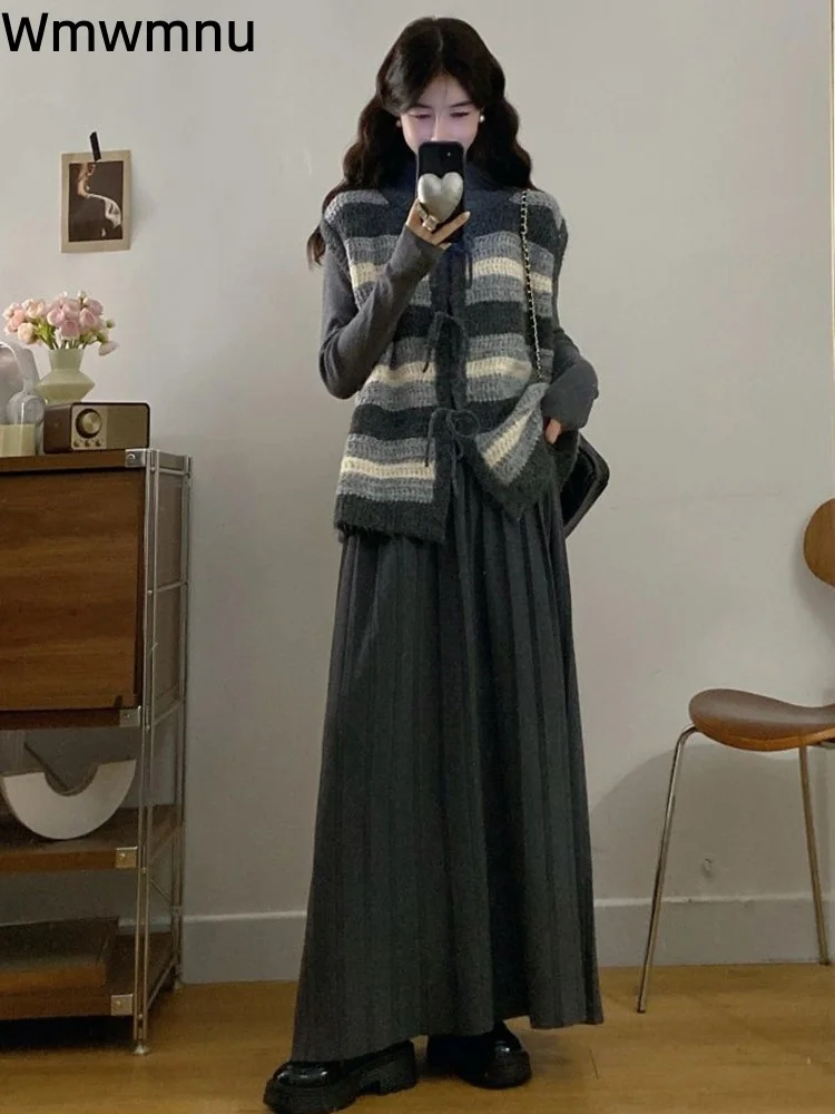 

Полосатый кардиган большого размера, комплект из 3 предметов, женская повседневная корейская модная юбка, Conjuntos, модные нижние ансамбли с длинными рукавами