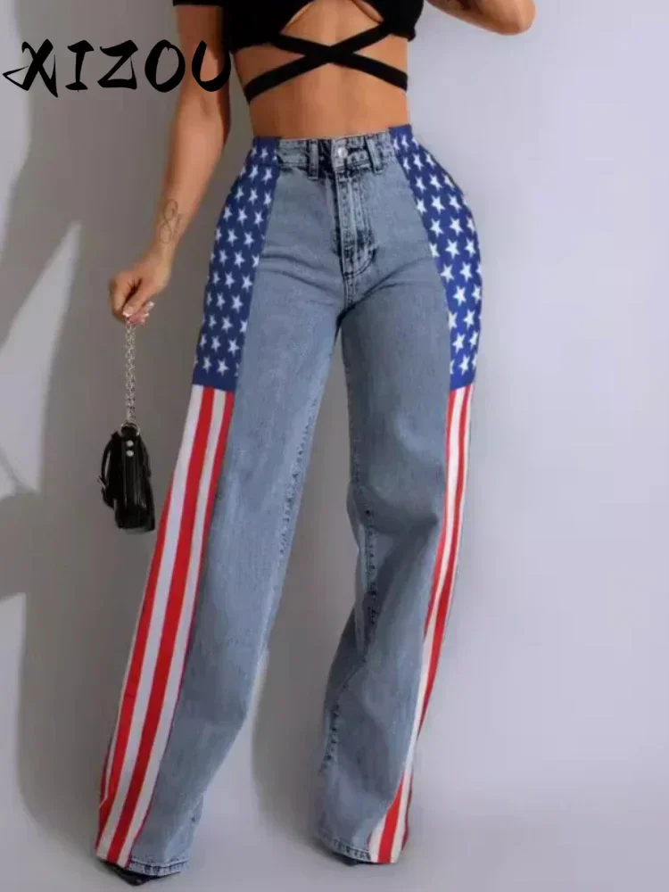 

XIZOU American Flag Print Women Baggy Jeans Streetwear y2k Long Straight Trousers High Waisted Elastic Wide Leg Denim Pants