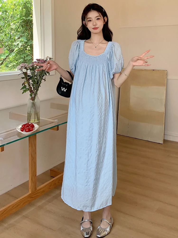 

Korean Style Summer Maternity Chiffon Dress Pregnant woman Blues Loose Plus Size Dress Fashionable Pretty Clothes for Young Mom