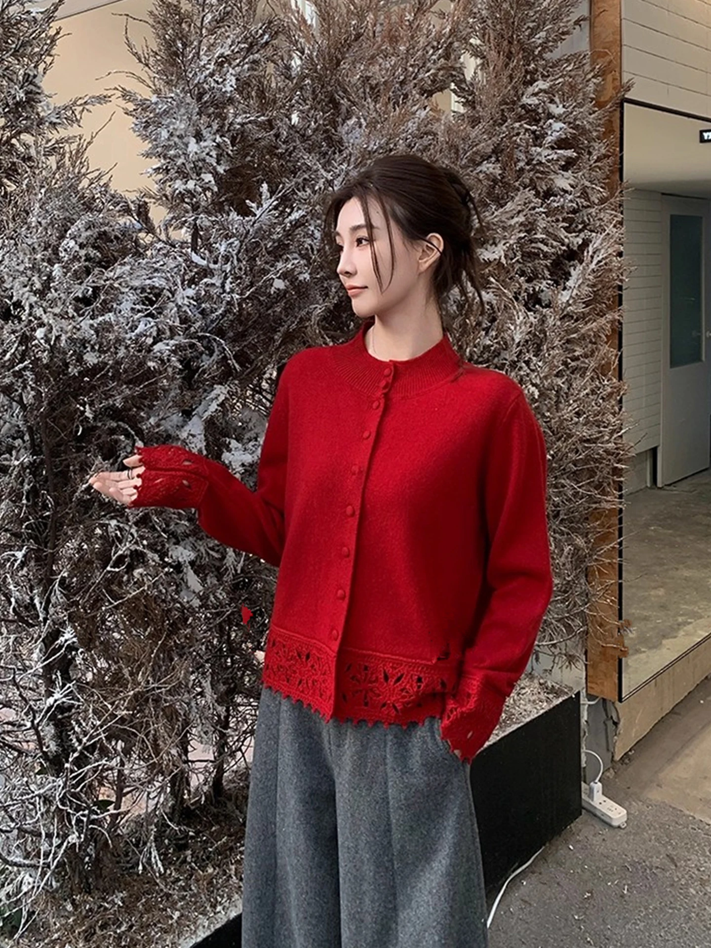 

Женский вязаный свитер-кардиган Cisas красного цвета, зимний, высококачественный, повседневный, свободного кроя, из мягкого полиэфирного волокна