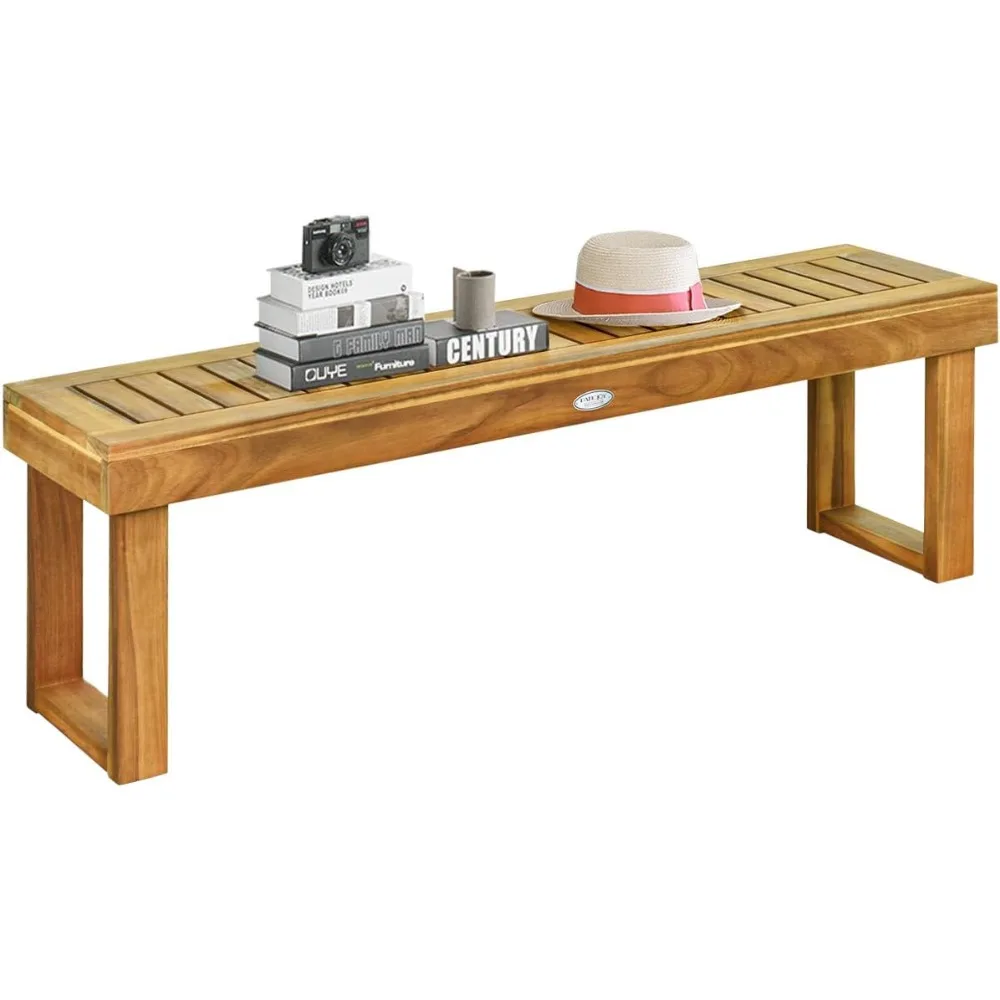 

Acacia Wood Outdoor Bench, Wood Bench for Dining Room Entryway Poolside Garden, Patio Backless Dining Bench with Slatted Seat