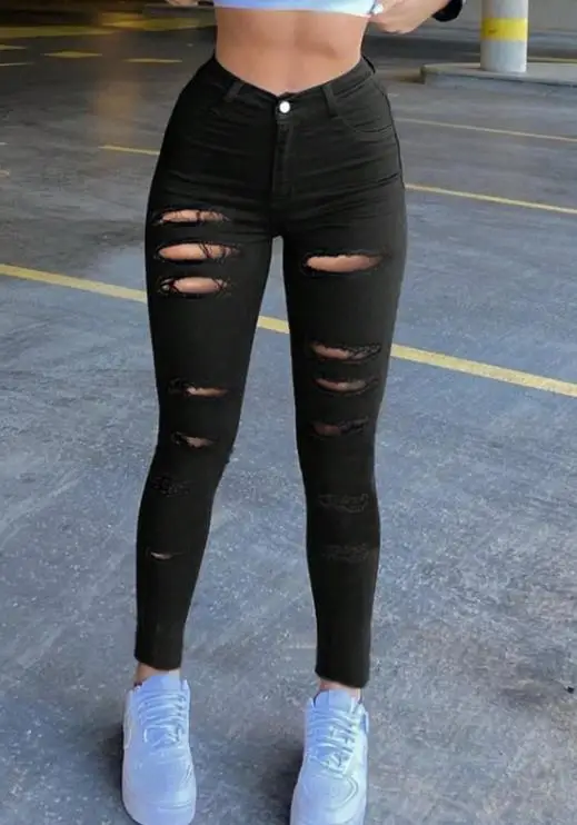

Summer Classic Y2K Girls' Trendy High Street Wind Piercing Design Solid Color High Waist Versatile Tight Small Leg Jeans